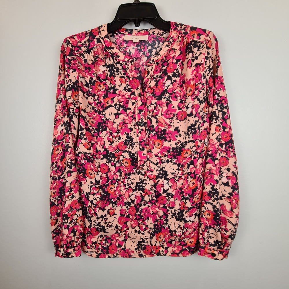 Ann Taylor LOFT Womens XS Pink Black Floral Long Sleeve Henley Blouse Top